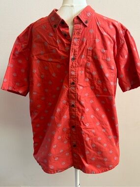 prAna Men’s Large Orange Geometric Print Button Up Shirt Short Sleeve Outdoor